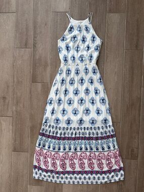 XS Boho Coastal Mediterranean Paisley Halter Maxi Dress Resort Vacation Feminine